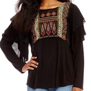 Free People Boho Embroidered Black Long Sleeve Top